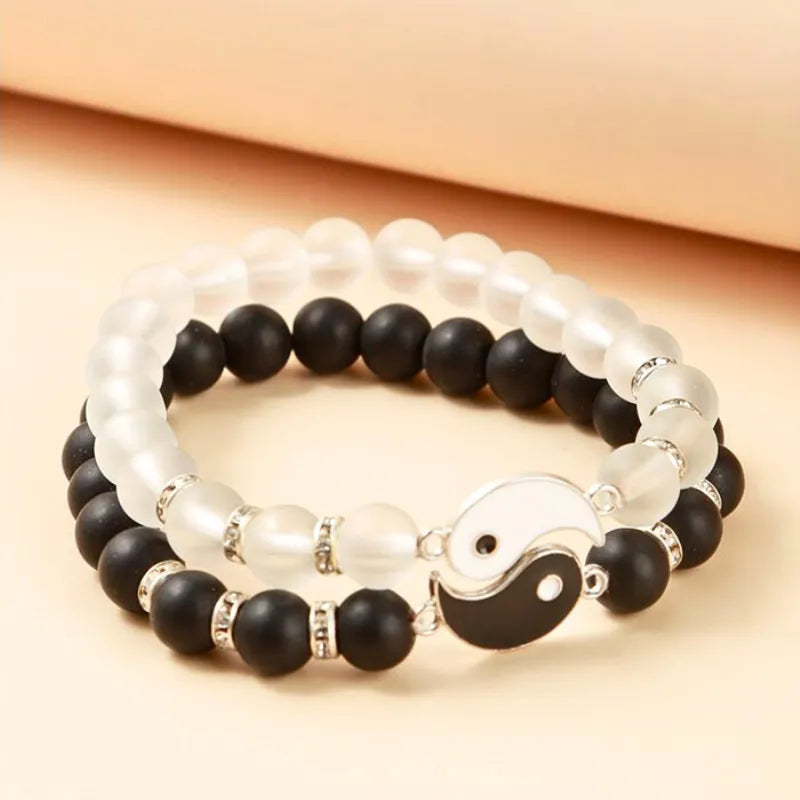 Natural Frosted Glass Yin Yang Bagua Tai Chi Bracelet - Perfect for Couples