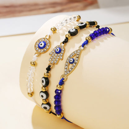 Evil Eye Hamsa Hand Beaded Bracelet Set, 3Pcs Adjustable Blue Crystal Nazar Amulet Protection Friendship Bracelets for Women