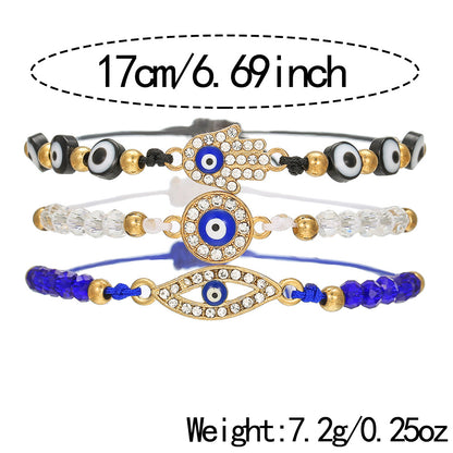 Evil Eye Hamsa Hand Beaded Bracelet Set, 3Pcs Adjustable Blue Crystal Nazar Amulet Protection Friendship Bracelets for Women