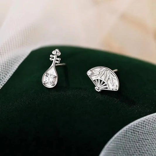 Chinese Style Asymmetrical Fan & Pipa Earrings
