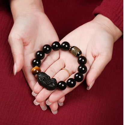 Natural Black Obsidian Pixiu Bracelet - For Protection & Wealth