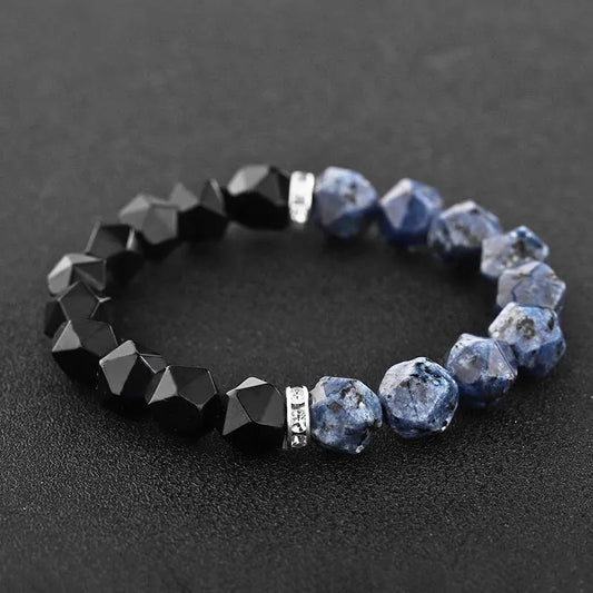 Natural Blue Patterned Stone & Black Agate Power Protection Bracelet