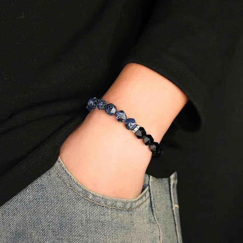 Natural Blue Patterned Stone & Black Agate Power Protection Bracelet
