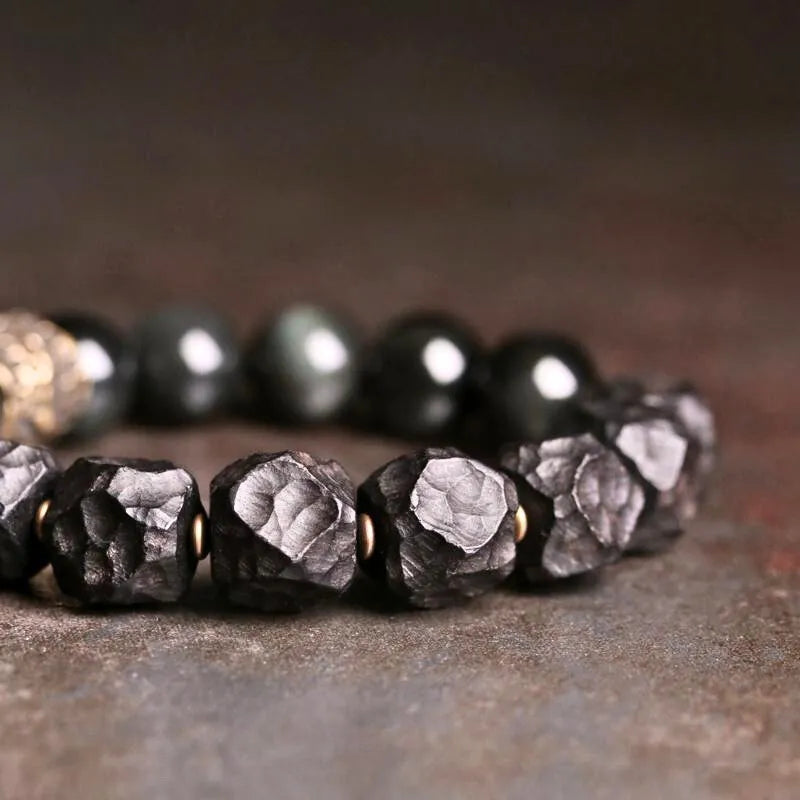 Natural Freeform Black Ebony & Black Obsidian Bead Bracelet