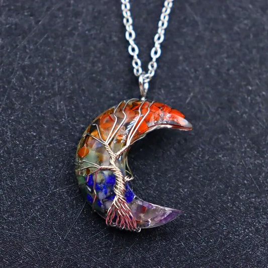 Natural Multi-Color Moonstone Tree of Life Wire-Wrapped Pendant