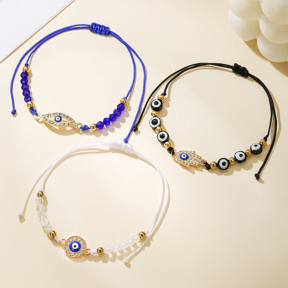 Evil Eye Hamsa Hand Beaded Bracelet Set, 3Pcs Adjustable Blue Crystal Nazar Amulet Protection Friendship Bracelets for Women