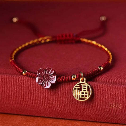 Red String Bracelet with Little Red Flower Charm - Good Luck & Energy