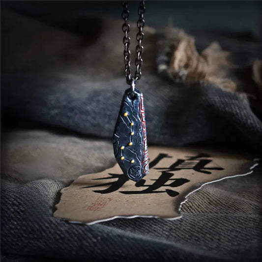 Taoist Beidou Seven Stars Gilded Sterling Silver Handcrafted Vermilion Inlay Necklace
